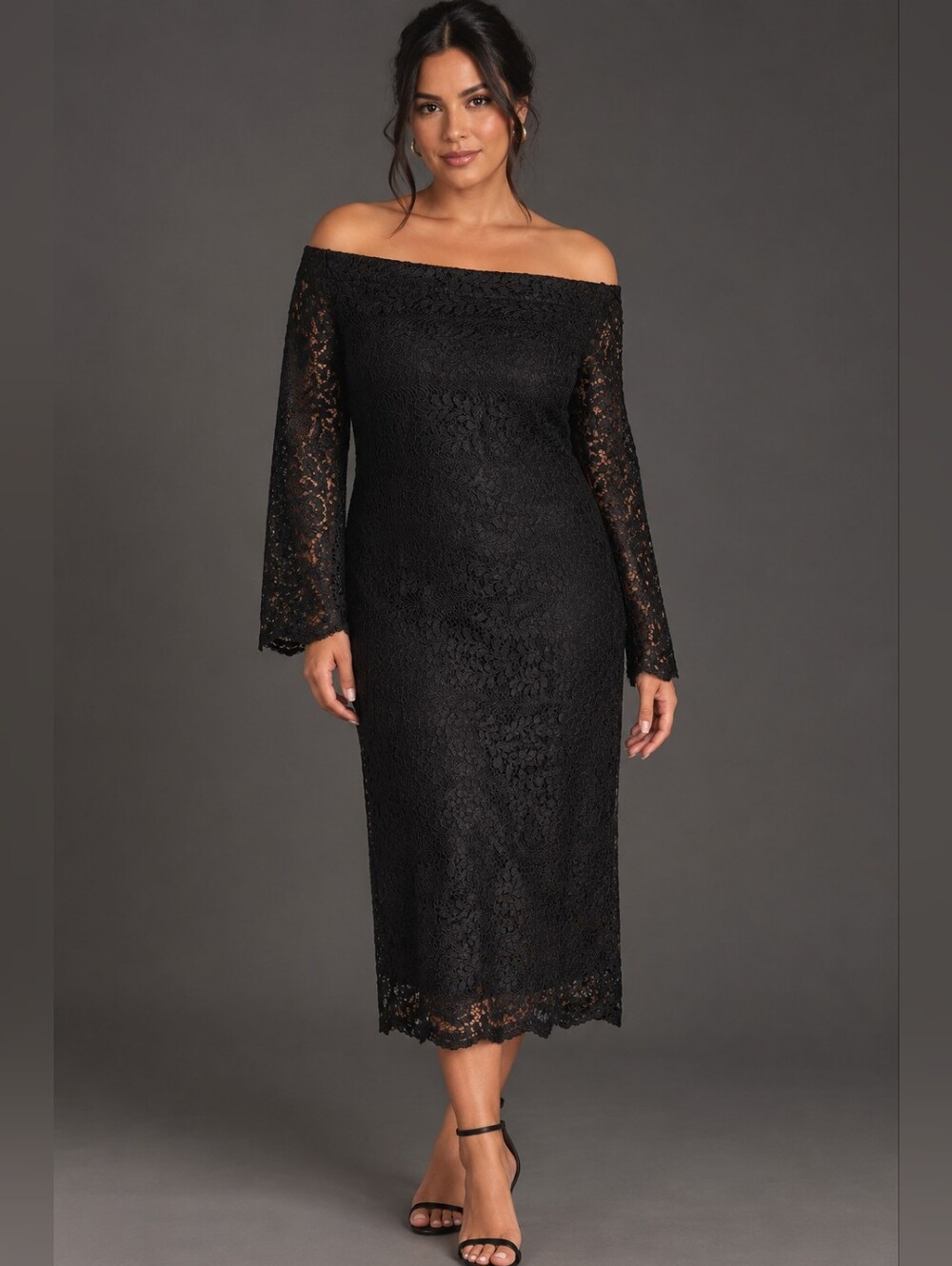 Donna Morgan Black Lace Off-the-Shoulder Dress Autumn Wedding Guest Size 4